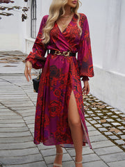 Elasticity Flower Print No Belt Split-side A-line High Waisted V-neck Maxi Dresses