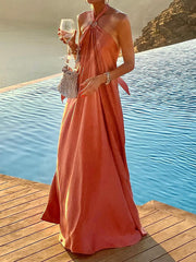 Backless Solid Color Tied A-Line Loose Halter-Neck Maxi Dresses