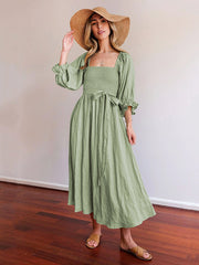 Original A-Line Loose Hollow Solid Color V-Neck Midi Dresses