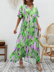 Contrast Color High-Waisted Printed Loose Short Sleeves V-neck Maxi Dresses