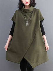 Asymmetric Solid Color Split-front Split-Joint Loose Raglan Sleeve High-neck Mini Dresses Knitwear