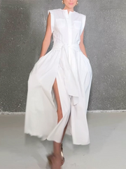 Buttoned Solid Color Split-Side Tied Waist Cap Sleeve Loose Shirt Dress Maxi Dresses