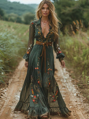 Vintage Floral Long Sleeves Ruffled Maxi Dresses