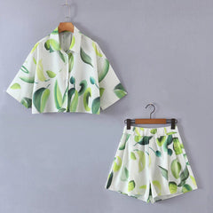 Flaxmaker Short Sleeve Leaves Printed Shirt and Bottom