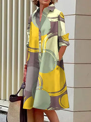 A-Line Long Sleeves Buttoned Pockets Printed Lapel Midi Dresses