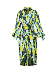 Asymmetric Pleated Printed Split-Joint High Waisted Long Sleeves Deep V-Neck Midi Dresses