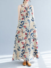 Floral Printed Loose Sleeveless Round-Neck Maxi Dresses