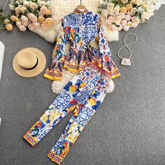 Tie Neck Retro Printed Long Sleeve Shirt and Pants Set Flaxmaker