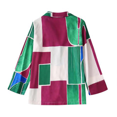 Flaxmaker V Neck Long-sleeved Color Block Printed Shirt and Bottom
