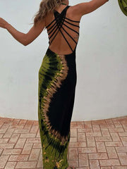 Tie-Dye Printed Sleeveless V-Neck Bohemia Maxi Dresses