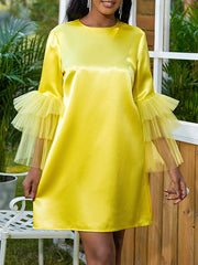 Shiny Solid Color Split-Joint Tulle Half Sleeves Loose Round-Neck Mini Dresses