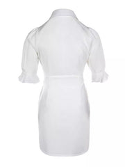 Buttoned Pleated Pockets Solid Color Split-Joint A-Line Flared Sleeves Lapel Shirt Dress Mini Dresses