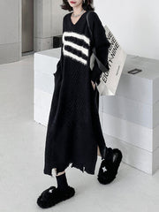 Split-Joint Split-side Long Sleeves Loose V-neck Sweater Dresses Midi Dresses