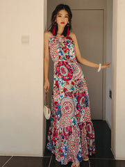 Vacation A-Line Sleeveless Floral Printed Lace-Up U-Neck Maxi Dress