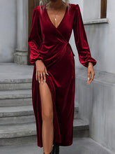 Elasticity Solid Color Split-Front Split-Joint Tied Waist Velvet A-Line High Waisted V-Neck Maxi Dresses