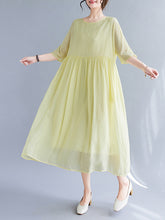 Pleated See-Through Solid Color Split-Joint Loose Short Sleeves Round-Neck Midi Dresses