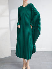 Urban Flared Batwing Sleeves Pleated Solid Color Round-Neck Midi Dresses