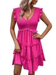 Pleated Ruffle Trim Solid Color Split-Joint Loose Sleeveless Deep V-Neck Mini Dresses