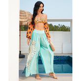 Leopard Printed puff sleeve Bikini Swimsuit and Pants Flaxmaker