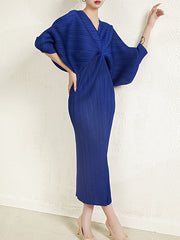 Pleated Solid Color Batwing Sleeves Three-Quarter Sleeves V-Neck Midi Dresses