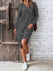 Drawstring Striped Zipper Long Sleeves Loose Hooded Midi Dresses
