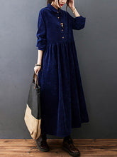 Vintage Split-Joint Solid Color Long Sleeves Lapel A-Line Corduroy Midi Dress