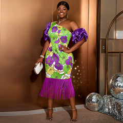 Plus Size Tassel Blossom Printed Puff sleeve Dress