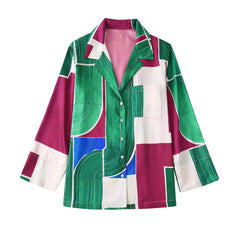 Flaxmaker V Neck Long-sleeved Color Block Printed Shirt and Bottom
