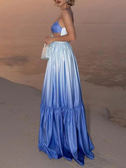 Gradient Color Pleated Sleevless Spaghetti-Neck Elegant Maxi Dresses