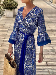 Pleated Printed Split-Joint Tied Waist A-Line Flared Sleeves V-Neck Maxi Dresses