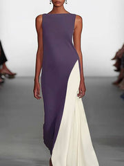 Loose Sleeveless Contrast Color Round-Neck Maxi Dresses