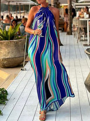 Multicolor Stripled Sleeveless Halter Neck A-Line Bohemia Maxi Dresses