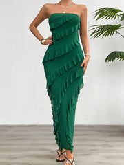 Ruffle Trim Solid Color Split-Back Split-Joint Bodycon High Waisted Tube Maxi Dresses