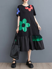 Floral Printed Split-Joint Loose Short Sleeves Round-neck Midi Dresses