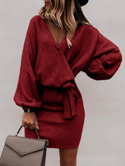 Solid Color Lace-Up Loose Long Sleeves Mini Dress