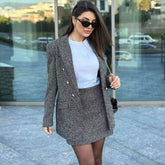 Lapel Collar Double Breasted Long Sleeve Longline Tweed Blazer - Gray