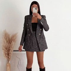 Lapel Collar Double Breasted Long Sleeve Longline Tweed Blazer - Gray
