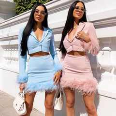Long Sleeve Crop Blazer Feather Trim Mini Skirt Matching Set - Blue