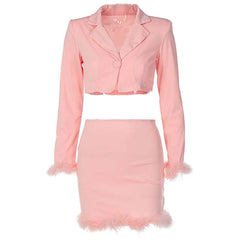 Long Sleeve Crop Blazer Feather Trim Mini Skirt Matching Set - Pink