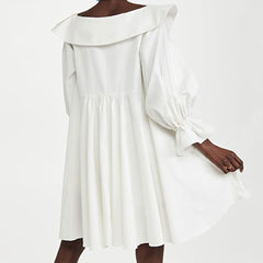 Cute Chelsea Collar V Neck Balloon Sleeve Babydoll Mini Dress - White