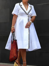 A-Line Half Sleeves Buttoned Contrast Color Pleated Notched Collar Midi Dresses