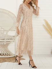 Gauze Pockets See-Through Sequined Split-Joint Long Sleeves Loose V-Neck Midi Dresses Evening Dresses