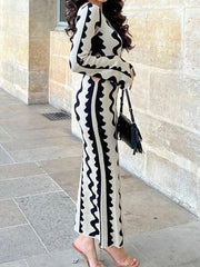 Hollow Printed High Waisted Long Sleeves Round-Neck Maxi Dresses