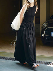 Pleated Solid Color Split-Joint Loose Sleeveless Round-Neck Maxi Dresses