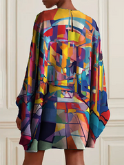 Buttoned Hollow Printed Batwing Sleeves Long Sleeves Round-neck Mini Dresses