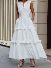 A-Line High Waisted Buttoned Pleated Pockets Solid Color Split-Joint V-Neck Maxi Dresses