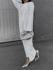 Pleated Solid Color Long Sleeves Loose Round-neck Maxi Dresses