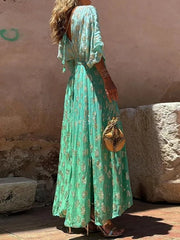 Flower Printed Gradient Color Half Sleeves Bohemia Maxi Dresses