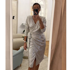 Sequin Long-sleeved Lace Up Midi Dress