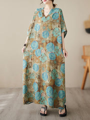 Printed Loose Short Sleeves V-Neck Maxi Dresses